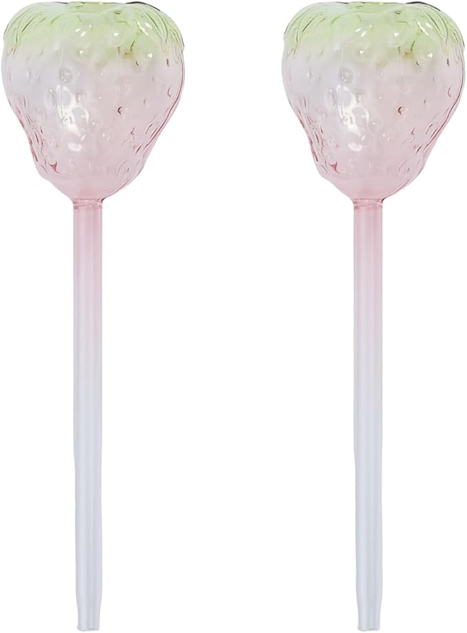2 Pcs Pink Strawberry Self Watering Plant Globes,Glass Watering Bulbs Watering Spikes, Automatic Watering Devices for Indoor Plants/Travel Vacation