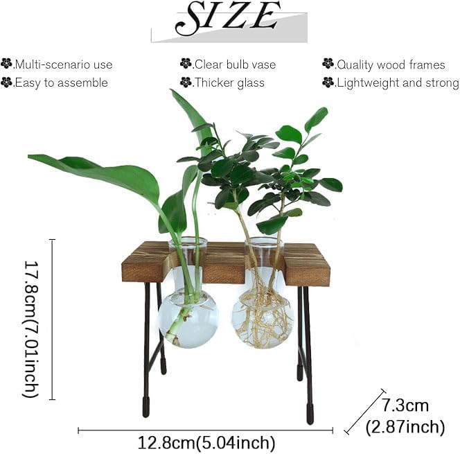 Hydroponic Plant Stand with Glass Vase, Modern Industrial Wooden Base Metal Frame, Visible Root Growth, Nordic Minimalist Desktop Planter for Home Office, Great Gift for Plant Lovers