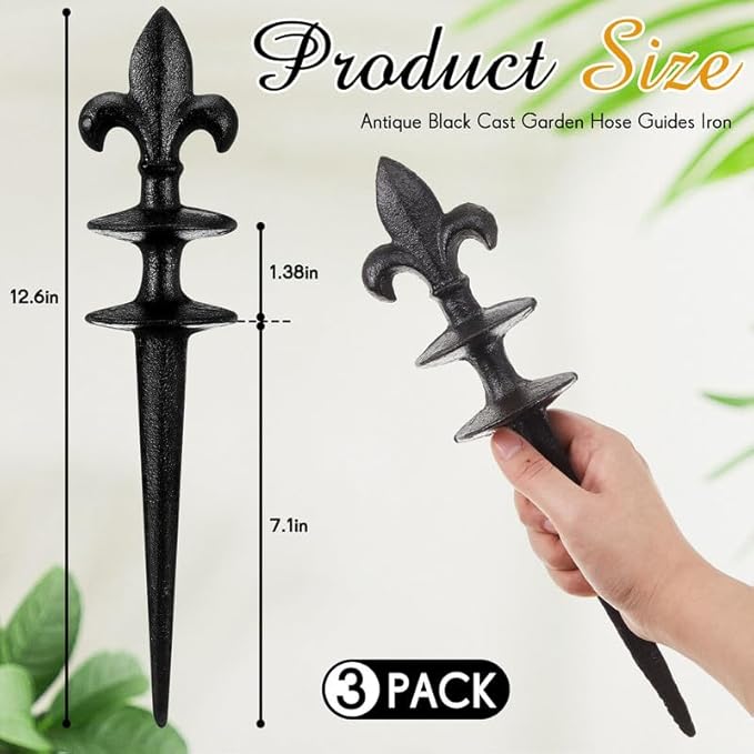 Tandefio 3 Pcs Fleur De Lis Garden Hose Guide Stakes, Heavy Duty Decorative Antique Black Cast Iron Metal Hose Guides, Plant Protector for Lawn Yard Flower Bed