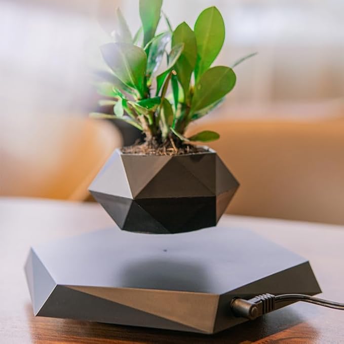 Black Hexagon Levitating Plant Pot Magnetic Floating Planter for Small Succulents Air Bonsai 360° Spin Desk Decor USB Powered Base Novelty Levitation Pot Indoor Office Shelf Table Centerpiece Gift