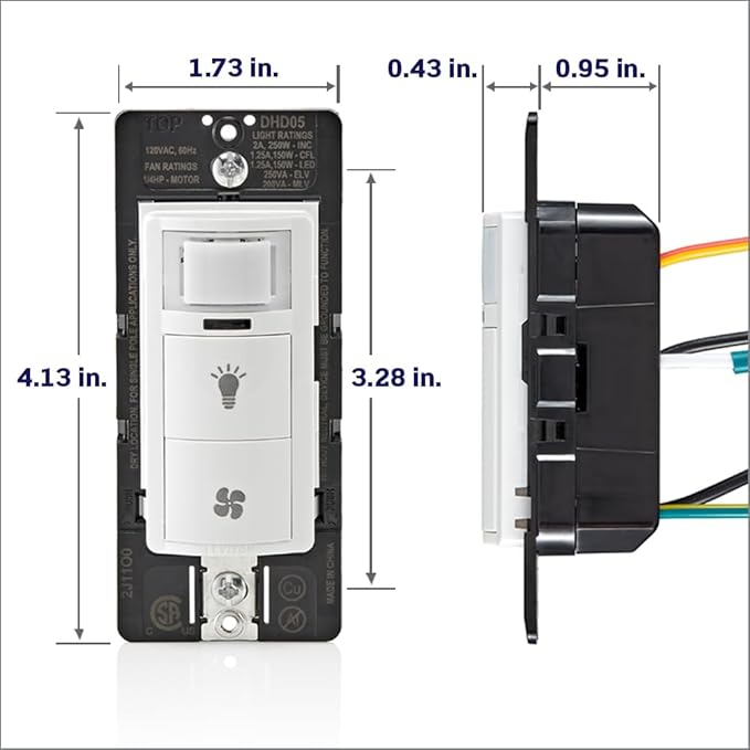 Leviton Dual Combination Humidity Sensor with Separate Light Switch, Automate Bathroom Exhaust Fan, Air Circulation, Moisture Control, Single Pole/Single Pole, ¼ HP, DHD05-1LW, White
