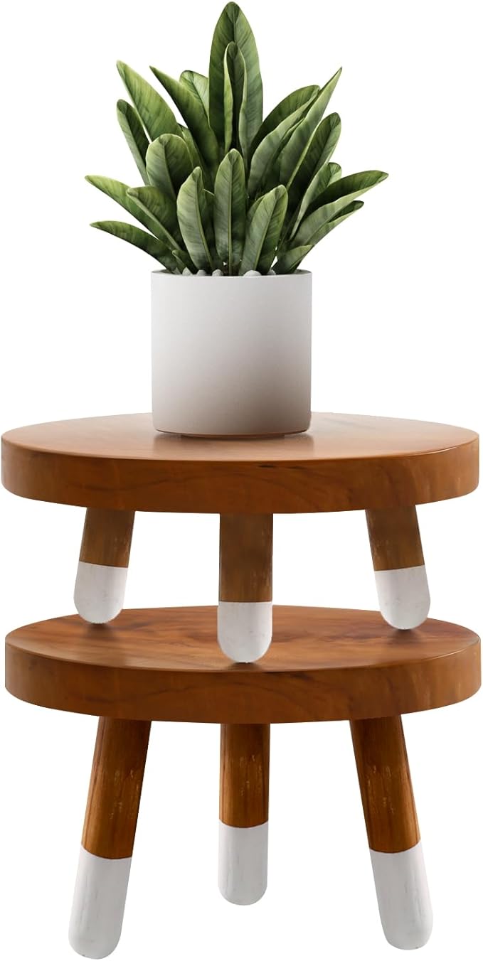 9" Round Dip Dyed Teak Plant Stand |Wood Risers for Decor | Wood Pedestal Stand Riser 4"+6" Tall-2 Pack