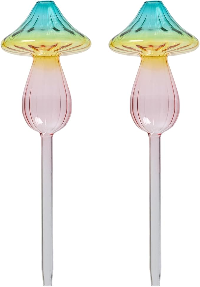 2 Pcs Rainbow Gradient Self Watering Plant Globes,Glass Watering Bulbs Top-Fill Mushroom Watering Spikes, Automatic Watering Devices for Indoor Plants/Travel Vacation