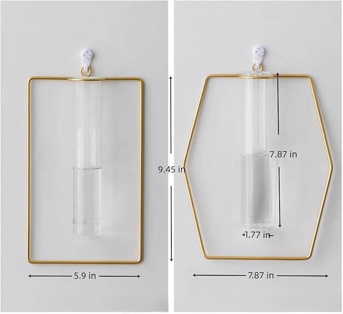 2 Pack Nordic Wall Vase Hanging Geometric Gold Flower Vase Wall Mount Metal Frame Vases Hydroponic Glass Bud Vase Decor for Home Wedding Farmhouse