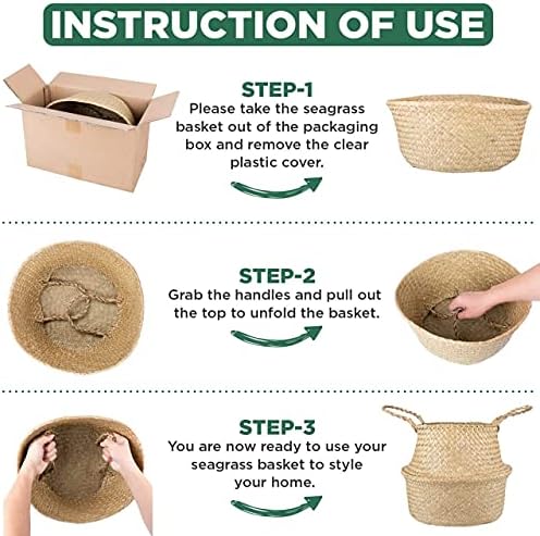 Plant Baskets – Set of 2, Twin Pack Large Hand Woven Seagrass Rattan Belly Planter with Handles for Plant Pots, Home Decor, Organizer, Laundry (Original, 12 Inch x 10 Inch)