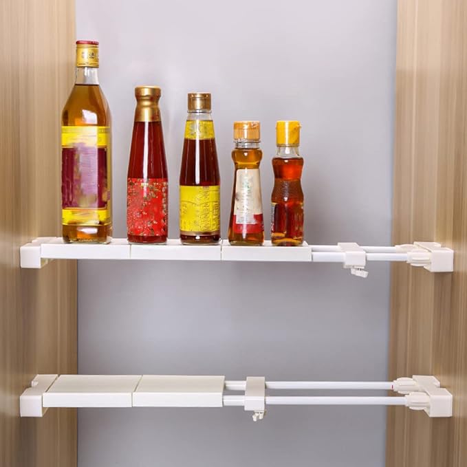 Extendable Narrow Closet Tension Shelf Slim Cupboard Divider Rod Adjustable Cabinet Organization Storage Rack Windowsill Bathroom Shelving Unit for Small Space - White