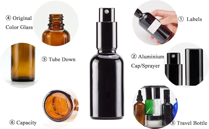 YIZHAO Black Glass Spray Bottles 1oz, with Small Fine Mist Spray, Metal Cap, Refillable for Essential Oil,Travel,Cleaning,Perfume,Aromatherapy,Makeup – 12 Pcs