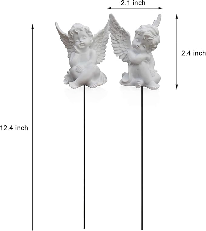 OwMell Set of 2 Decorative Garden Stakes - Small Angel & Cherub Angel Ornaments, Memorial Statue & Flower Pot Decorations
