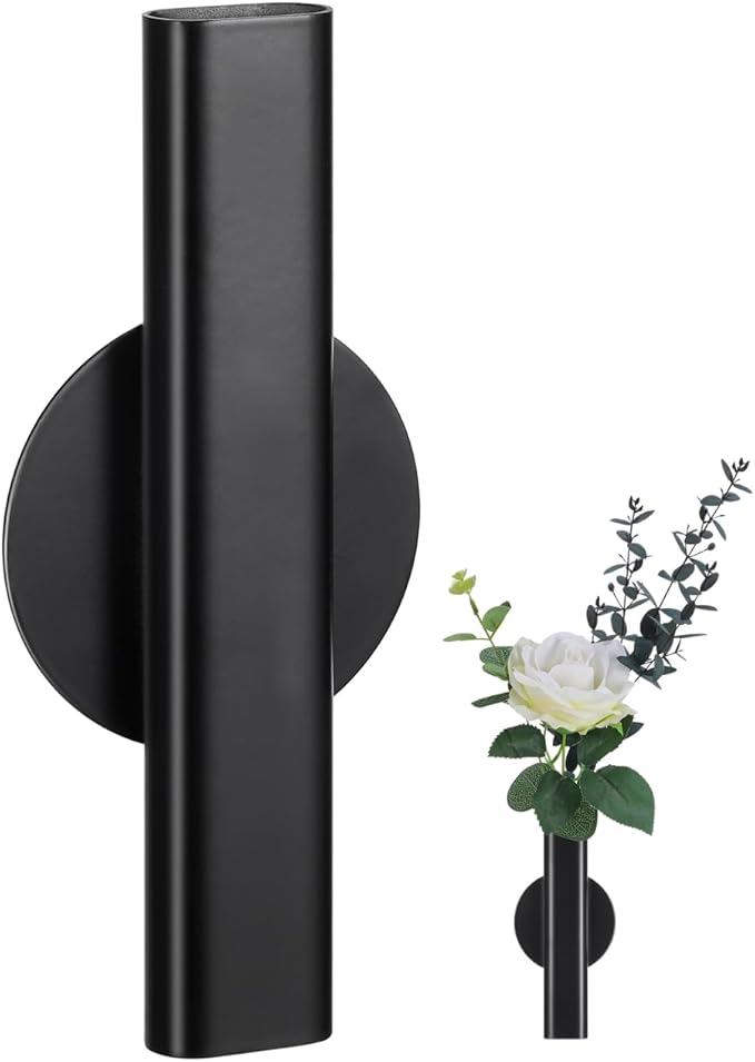 UKCOCO Wall Mounted Flower Vase 6.29In Black Metal – No-Drilling Adhesive Holder Waterproof – for Home Office Bedroom Kitchen Decor for Fresh & Artificial Flowers