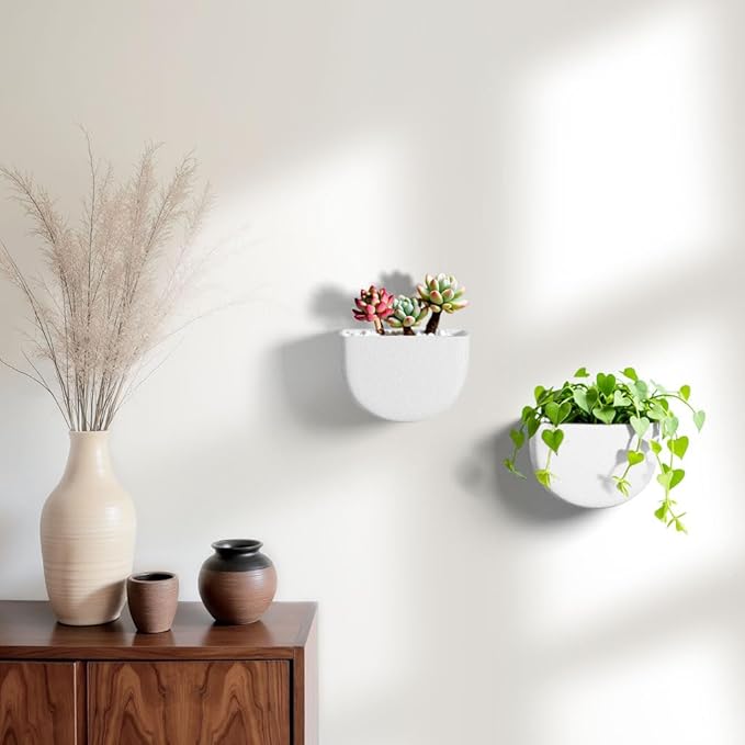 Asnext 2 Pack Wall Hanging Planter Pots for Indoor and Outdoor Plants, 7 Inch Half-Moon-Shaped Plastic Wall Planter, Wall Mounted Succulent Planters (White)