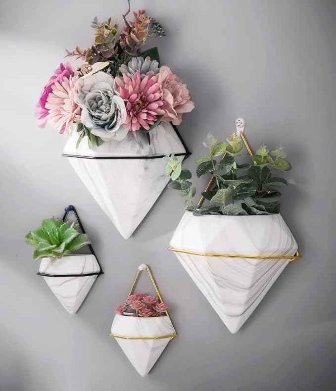 Diamond Wall Planters,Geometric Wall Flower Vases Set,Wall Mounted Plant Holder Vase,Ceramic Air Plants Hanging Holder Pots,Cactus Faux Plant Containers Modern Indoor Decor for Home Office (Black B)