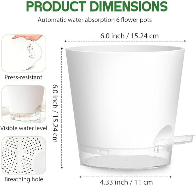 Self Watering Pots for Plants, 2026 New Flower Plant Pots with Drainage Holes, Wicking and Clear Reservoirs for Succulent, Aloe, Cacti and Others - 6 Pack (White, 6")