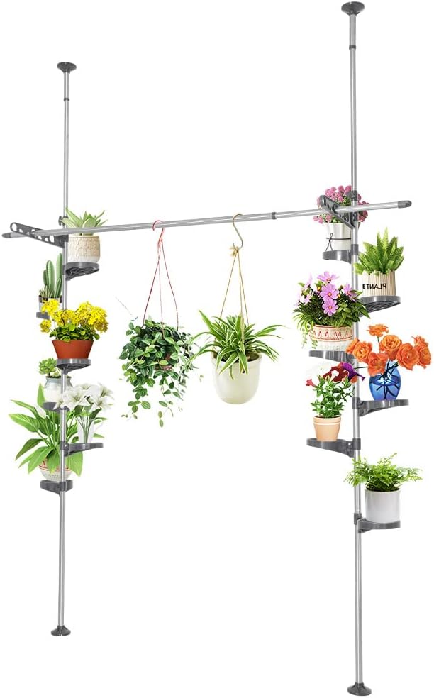 BAOYOUNI Indoor Plant Pole Stand Double Tension Rods Flower Pot Storage Shelf Holders Floor to Ceiling Display Rack Hanger with 12 Trays, 2 Hooks & 1 Telescopic Rod for Clothes Drying, Grey