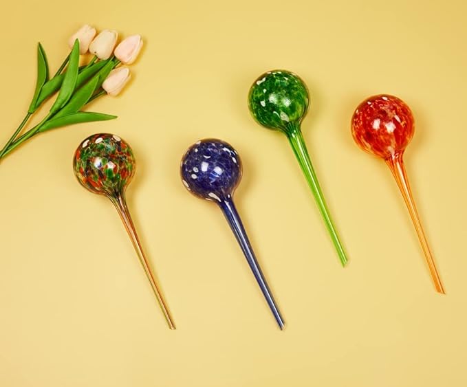 4 Pack Plant Watering Globes Indoor Colorful Hand-Blown Glass Self Watering Bulbs Decorative Design Plant Automatic Self Watering Spikes (Big Colorful)