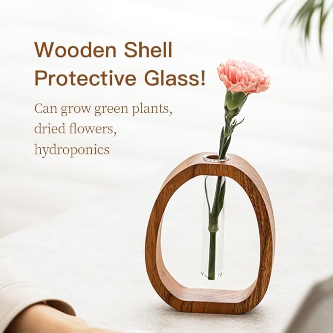Mini Hydroponic Vase with Walnut Wood Stand, 2.8 x 1.6 x 3.7 inch Glass Propagation Station for Terrarium Plants, Desk Plant Holder Gift for Plant Lovers
