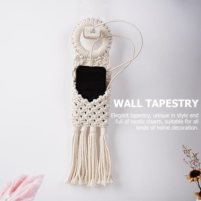 Cabilock Macrame Hanging Wall Organizer - Small Boho Woven Storage Pouch for Keys, Phone & Mail - Decorative Cotton Tassel Tapestry for Dorm Room, Bedside & Narrow Spaces