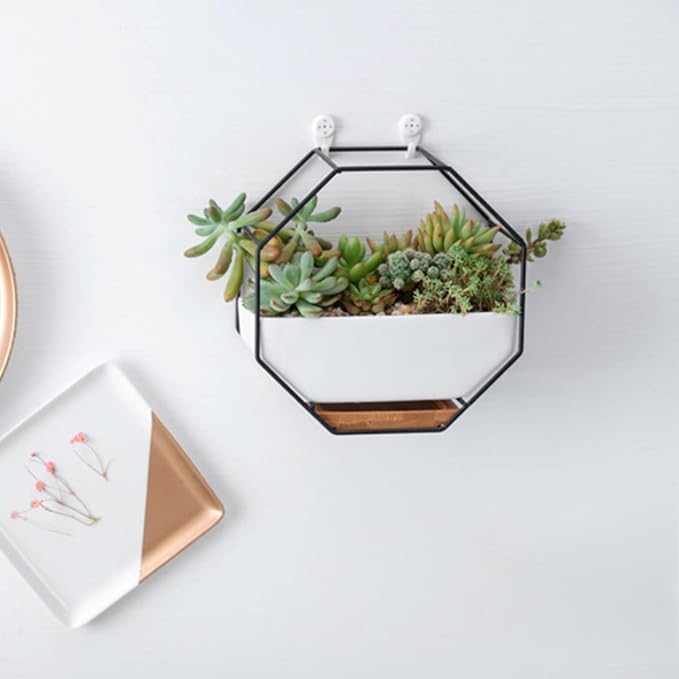 Hanging Plant Pots, Wall Planter Geometric Succulent Wall-Mounted Decor with Ceramic Flower Pot Hanging Vase Desktop Succulents Planter