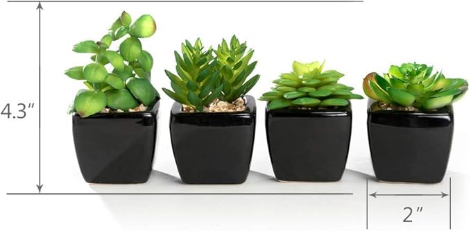 Modern Mini Artificial Succulent Plants Potted in Cube-Shape Black Ceramic Pots for Home Decor, Set of 4