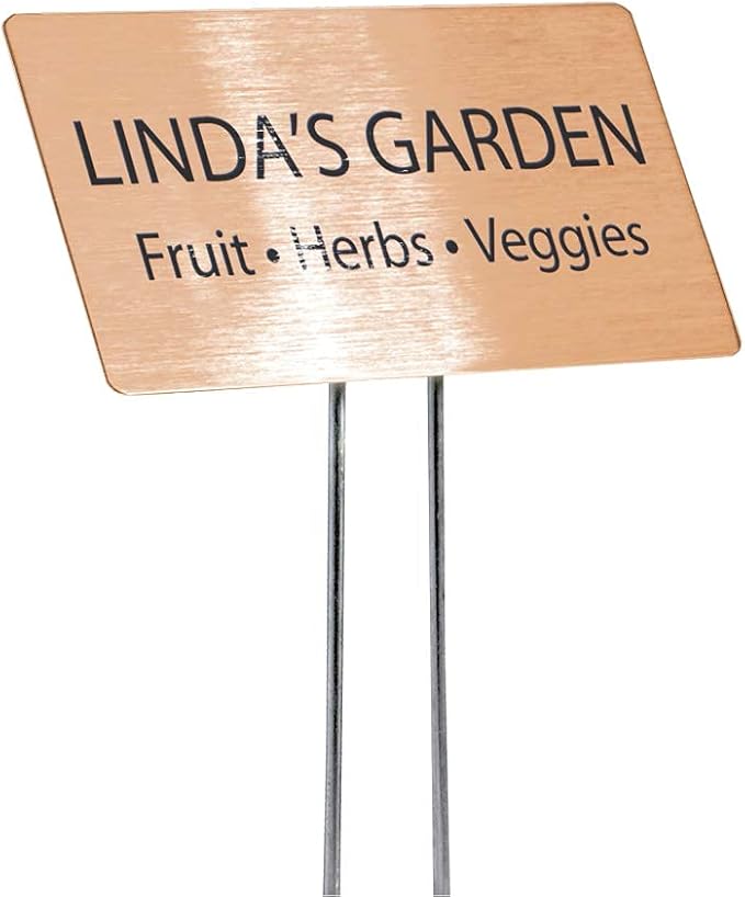 Outdoor Metal Garden Sign, Label, or Memorial. 4 x 2" or 6 x 4" sign with rounded corners and a 10" stake. Materials Include: Stainless Steel, Brass, Copper, Bronze and Titanium. (Bronze, 4 x 2")