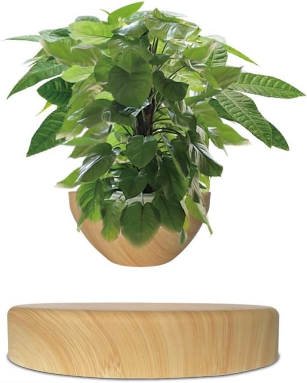 Magnetic Levitating Plant Pot | 360° Rotating Floating Bonsai Planter with Natural Wood Base, Cool Tech Decor for Home Office, Unique Housewarming for Plant Lovers