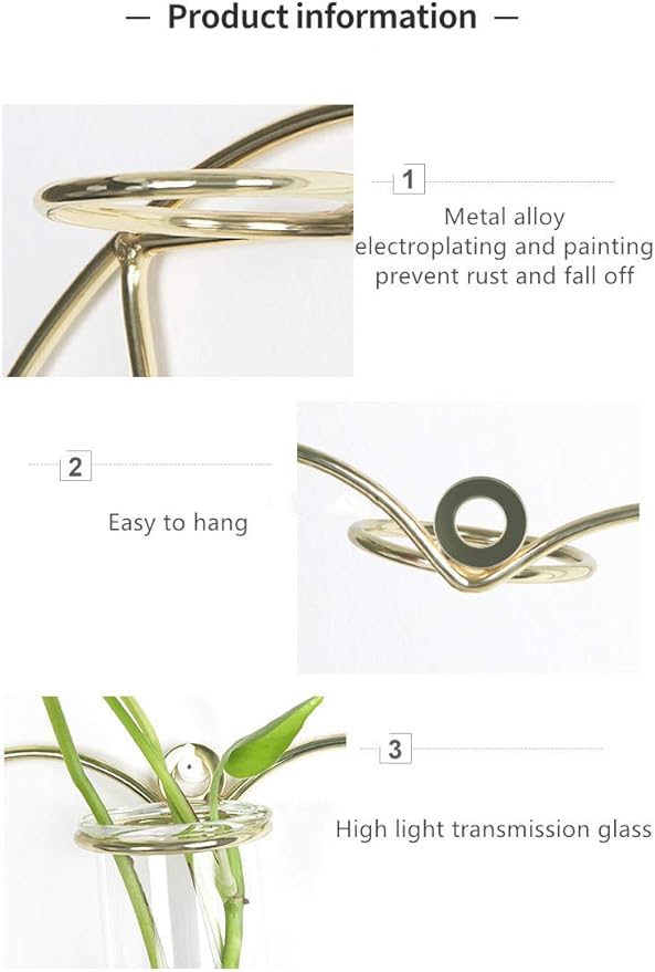 Nordic Wall Vase,Gold Geometric Vase Hanging Hydroponic Planter,Wall-Mounted Metal Glass Tube Bud Vase Decorative for Centerpieces Wedding Home Decor(Gold 1)