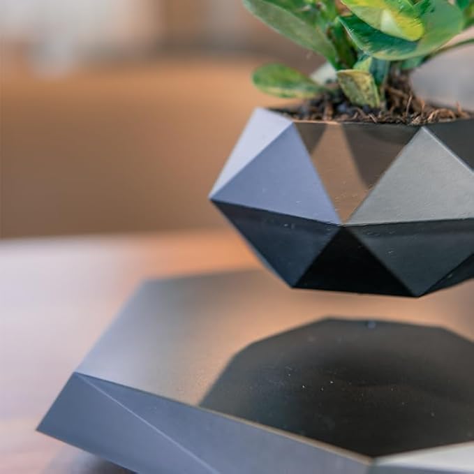 Black Hexagon Levitating Plant Pot Magnetic Floating Planter for Small Succulents Air Bonsai 360° Spin Desk Decor USB Powered Base Novelty Levitation Pot Indoor Office Shelf Table Centerpiece Gift