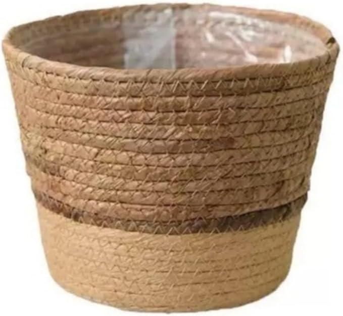 6'' Seagrass Round Wicker Planter Basket with Plastic Liner, Handmade Woven Basket Flower Pot for Indoor Plants and Flower, Boho Home Decor, Bread & Fruit Storage Basket (Khaki,6.1''X4.3'')