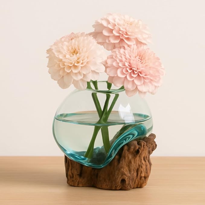 Cape Craftsmen 7" Hand-Blown Blue Tinted Bubble Glass On Natural Teak Driftwood Terrarium Kit | Home Décor Indoor Planter with Stand | Pot for Succulent and Plants