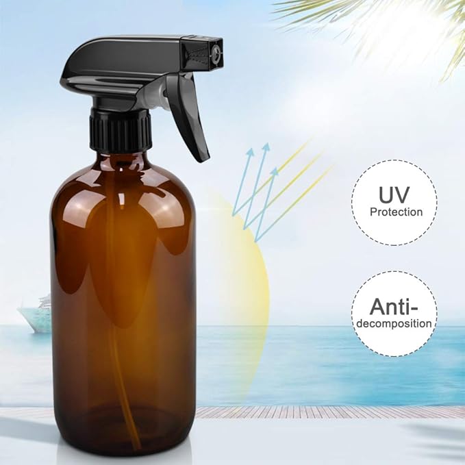 Worldgsb Glass Spray Bottles, 16oz Amber Glass Spray Bottles with Labels & Adjustable Nozzle, Reusable Containers for Cleaning, BBQ, Food, Plants, Alcohol, Essential Oils(3 Pack)