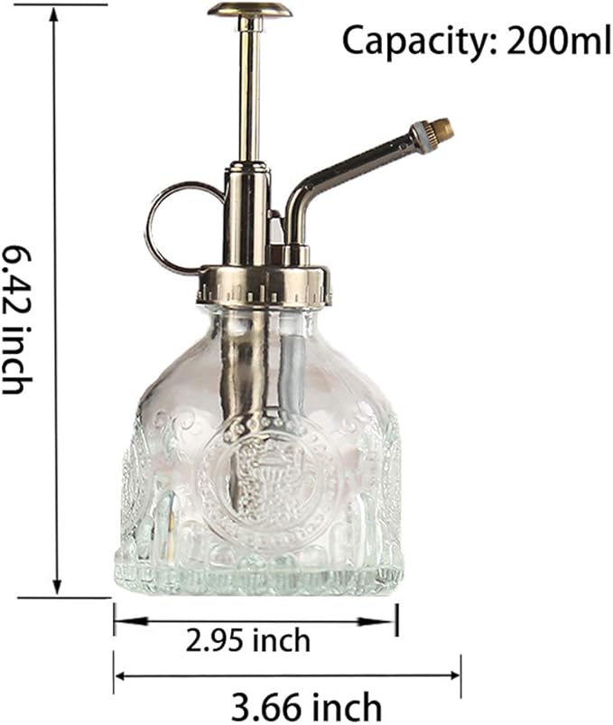 Plant Mister Glass Spray Bottle Small Plant Watering Can 6.4" Tall Retro Indoor Watering Can Bronze Plastic Top Pump for Garden Indoor Plant Sprayer (Transparent)