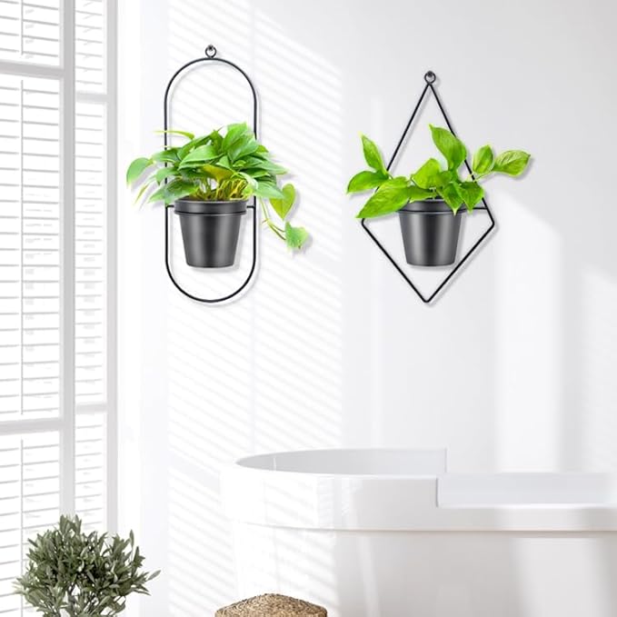 Geometric Wall Planters for Indoor Plants – Set of 2 Black Metal Wall Mounted Plant Holder (Diamond & Oval Shapes) with 5 Inch Flower Pots, Modern haning planters for Indoor Outdoor Décor