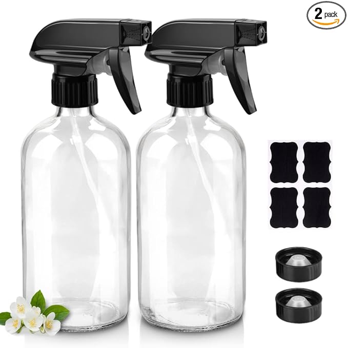 Worldgsb Glass Spray Bottles, 16oz Clear Glass Spray Bottles with Labels & Adjustable Nozzle, Reusable Containers for Cleaning Solutions, BBQ, Food, Plants, Alcohol, Essential Oils(2 Pack)