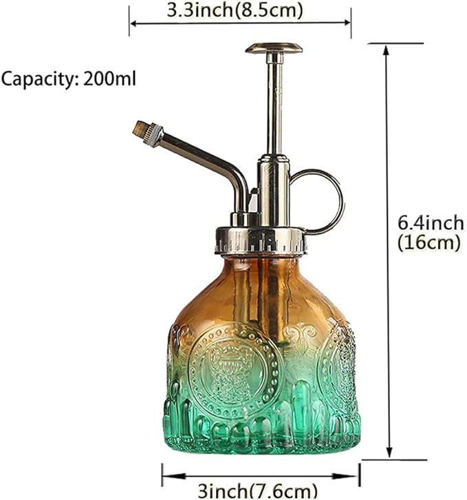 Glass Plant Mister Spray Bottle Indoor Watering Can 6.4inch Tall with Bronze Plastic Top Pump Vintage Small Plant for Outdoor Garden Succulent Flower