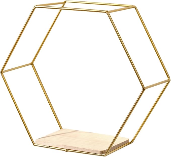 5 Pieces Hexagon Iron Wall Shelves Storage Rack Living Room Geometric Kitchen Bedroom Organizer for Mini Planter Displaying, Golden