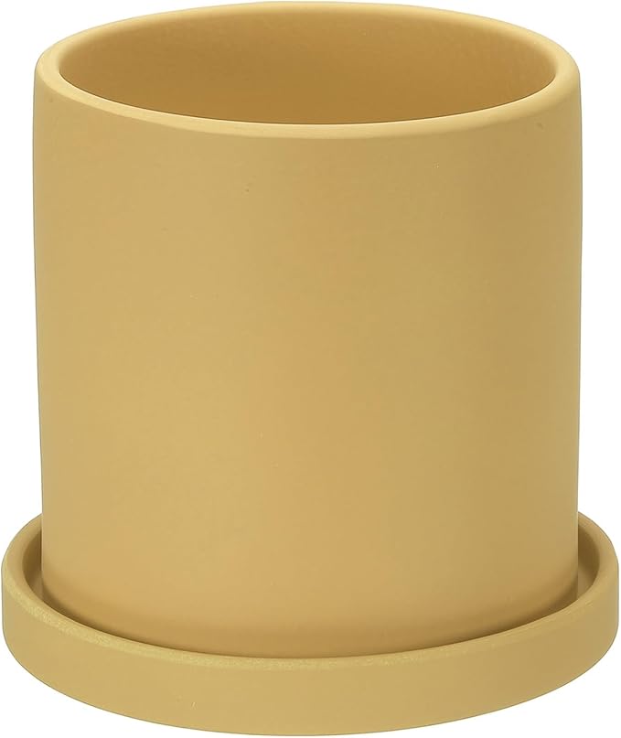PATIKIL 5 Inch Ceramic Plant Pots, Modern Flower Planters with Drainage Holes and Tray for Decorate Home Indoor Plants Succulent Herb, Yellow