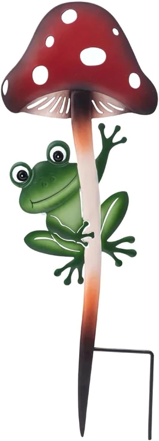 Napco Woodland Mushroom Frog 13.5 x 4.75 inches Red and Green Heavy Duty Metal Flower Plant Climbing Trellis Yard Art Stake, Indoor Outdoor Garden Décor