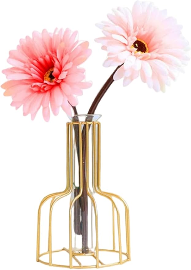Table Flower Vase,Gold Geometric Metal Frame Clear Glass Tube Bud Vase Hydroponic Plants,Gold Vase Decorative for Flower,Weddings,Centerpiece,Party,Home(gold 7)