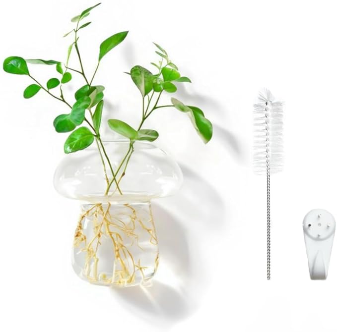 Wall Hanging Mushroom Vase, Small Plant Propagation Stations Cute Mushroom Glass Planter Terrarium Indoor Hydroponic Flower Holder for Elegant Home Decor Gifts, Clear, 1 PC