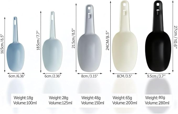Ice Cube Scoop Plastic Set of 5, Plastic Measuring Scoops for Dry Goods, Ice Cubes & Coffee Beans, Measure Scoops for Canisters, Plastic Scoops for Dog Food BPA-Free, Stackable for Easy Storage