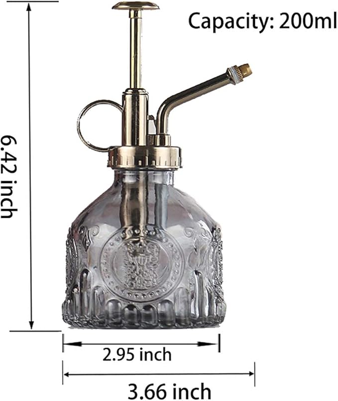 Plant Mister Glass Spray Bottle Small Plant Watering Can 6.4" Tall Retro Indoor Watering Can Bronze Plastic Top Pump for Garden Indoor Plant Sprayer (Grey)