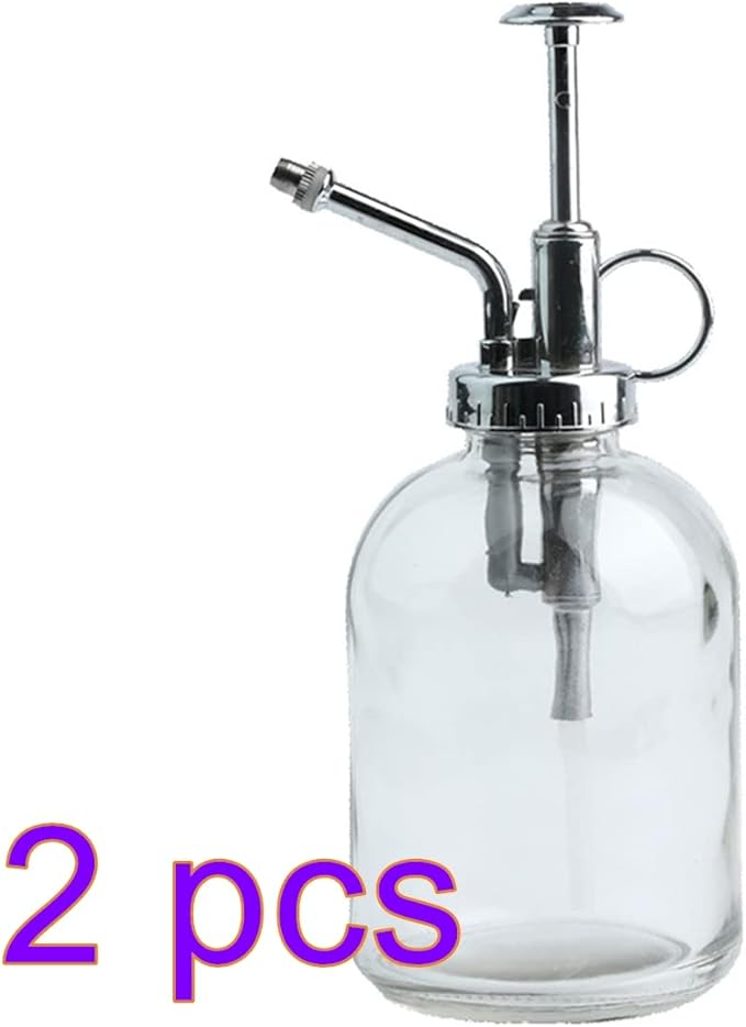 Flueyer 2 Pack Glass Plant Mister Spray Bottle, 7.7 inch Tall Vintage Plant Spritzer Watering Can with Bronze Plastic Top Pump Small Sprayer Bottle for Watering Indoor Outdoor Plants