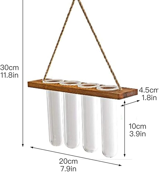 Wall Hanging Planter Terrarium with Wooden Stand, Mini Test Tube Flower Vases Retro Hanging Glass Planter Propagator for Hydroponic Plants Cutting Home Decor, 4 Propagation Tubes