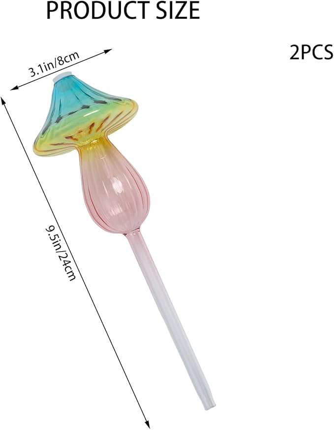 2 Pcs Rainbow Gradient Self Watering Plant Globes,Glass Watering Bulbs Top-Fill Mushroom Watering Spikes, Automatic Watering Devices for Indoor Plants/Travel Vacation