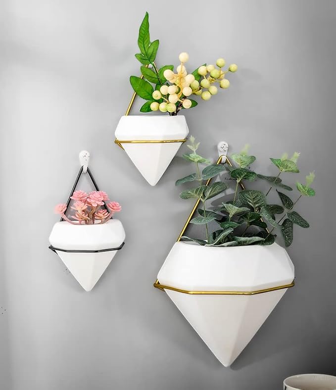 Diamond Wall Planters,Geometric Wall Flower Vases Set,Wall Mounted Plant Holder Vase,Ceramic Air Plants Hanging Holder Pots,Cactus Faux Plant Containers Modern Indoor Decor for Home Office (Black A)