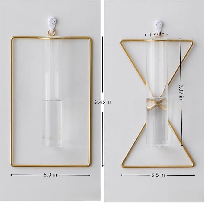2 Pack Nordic Wall Vase Hanging Geometric Gold Flower Vase Wall Mount Metal Frame Vases Hydroponic Glass Bud Vase Decor for Home Wedding Farmhouse