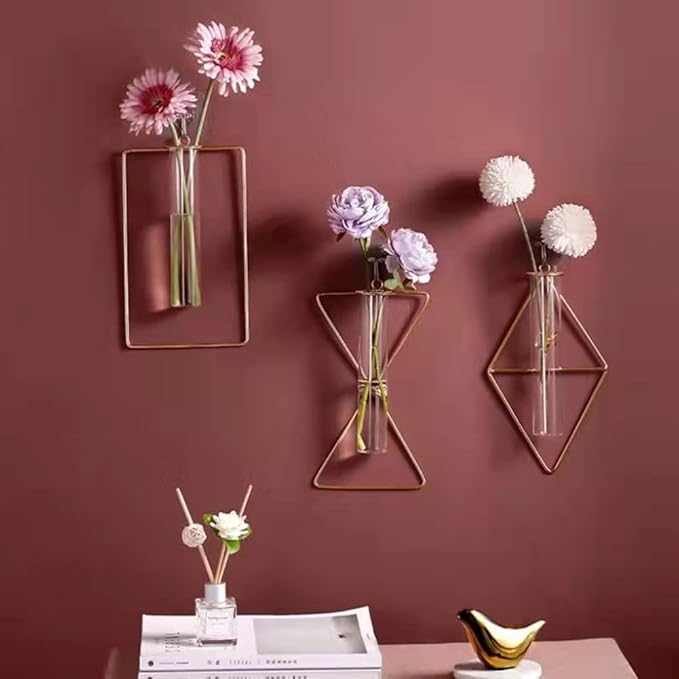 2 Pack Nordic Gold Wall Vase,Hanging Geometric Metal Vase Hydroponic Planter,Wall-Mounted Glass Tube Bud Vase Decorative for Centerpieces Wedding Home Decor(Gold 11)