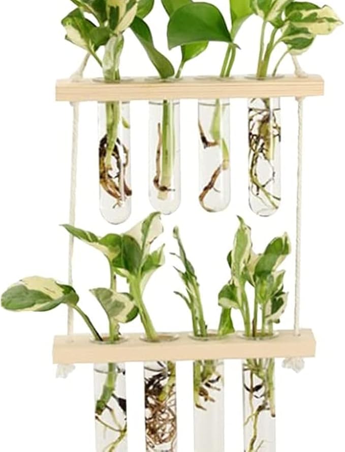 Wall Hanging Planter, 2 Tiered Plant Propagation Stations Plant Terrarium with Wooden Stand, Glass Planter Test Tube Vase for Propagating Hydroponic Plants Home Office Garden Decor (Wood Color)