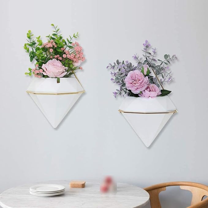 Diamond Wall Planters,Geometric Wall Flower Vases Set,Wall Mounted Plant Holder Vase,Ceramic Air Plants Hanging Holder Pots,Cactus Faux Plant Containers Modern Indoor Decor for Home Office (Golden A)