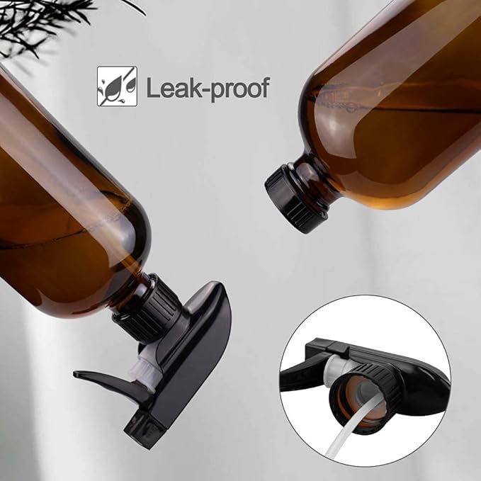 Worldgsb Glass Spray Bottles, 16oz Amber Glass Spray Bottles with Labels & Adjustable Nozzle, Reusable Containers for Cleaning, BBQ, Food, Plants, Alcohol, Essential Oils(3 Pack)