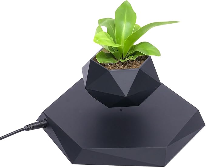 Black Hexagon Levitating Plant Pot Magnetic Floating Planter for Small Succulents Air Bonsai 360° Spin Desk Decor USB Powered Base Novelty Levitation Pot Indoor Office Shelf Table Centerpiece Gift